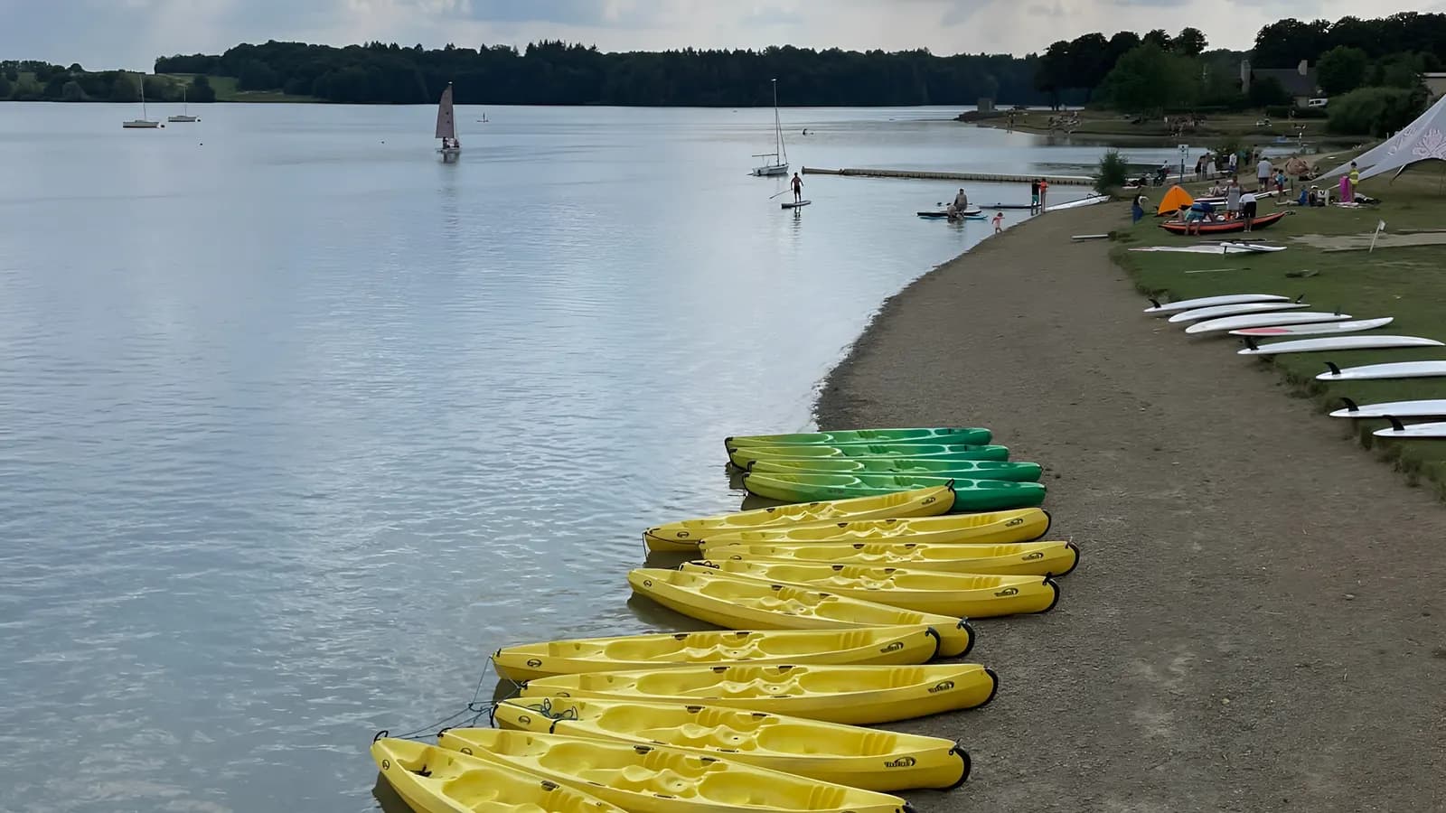 Rangée de kayaks disponibles sur la rive d’un lac